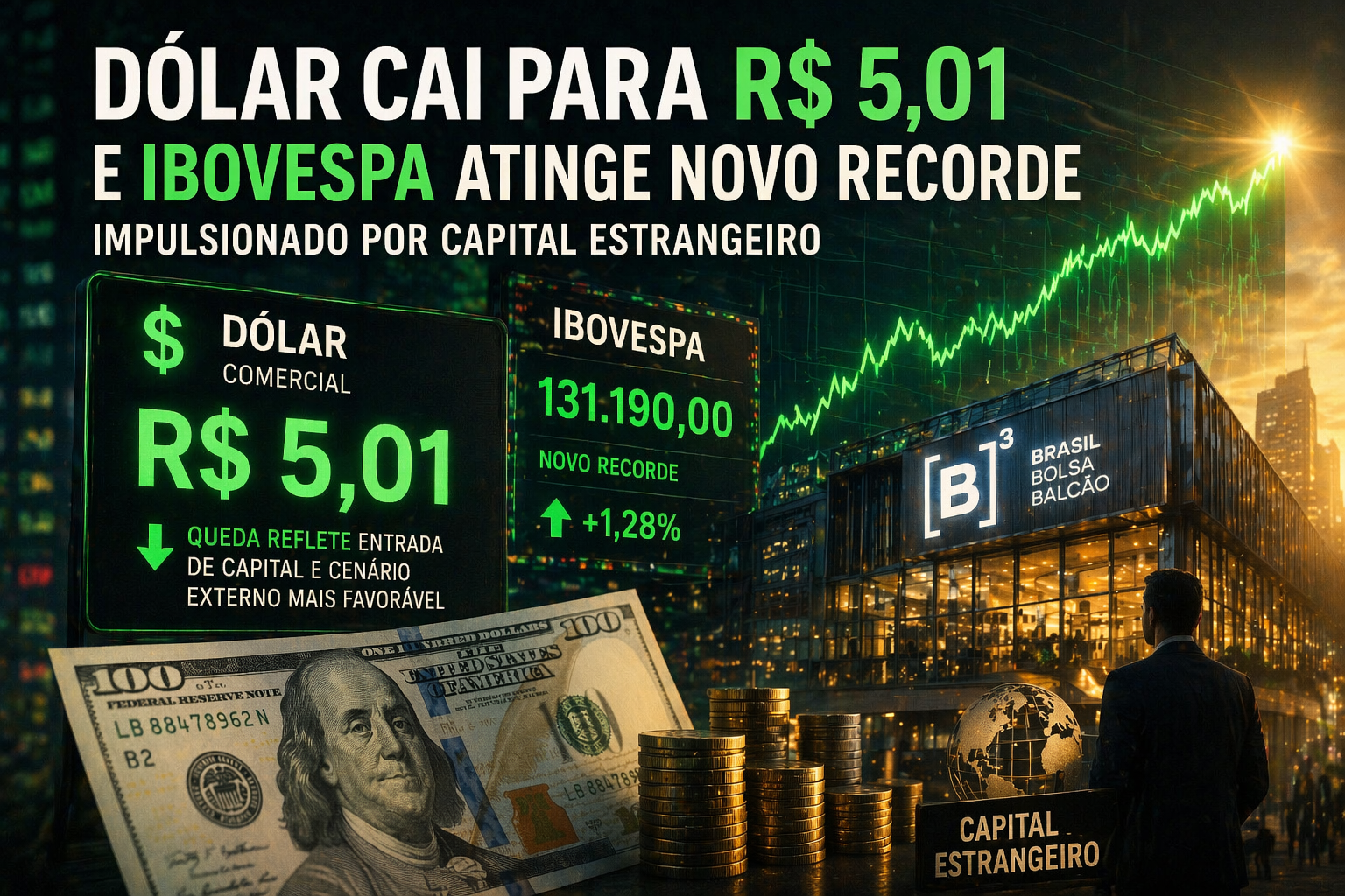 Dólar cai para R$ 5,01 e Ibovespa atinge novo recorde impulsionado por capital estrangeiro