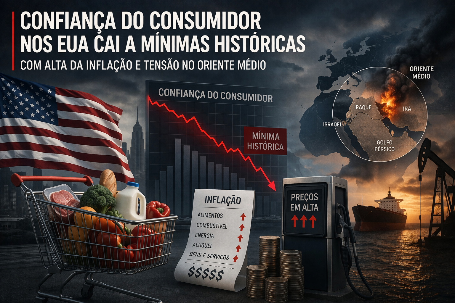 Confiança do consumidor nos EUA cai a mínimas históricas com alta da inflação e tensão no Oriente Médio